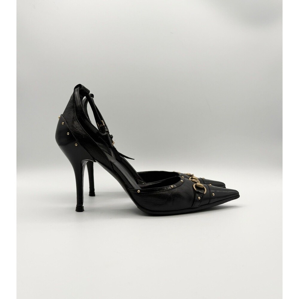 Gucci Black Leather Horsebit Studded Pointed Toe Ankle Strap Heels Size EU 38 - Picture 4 of 14